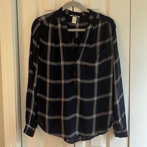 H&M Navy Blue Plaid Tunic with Ruching and half-button up v-neck